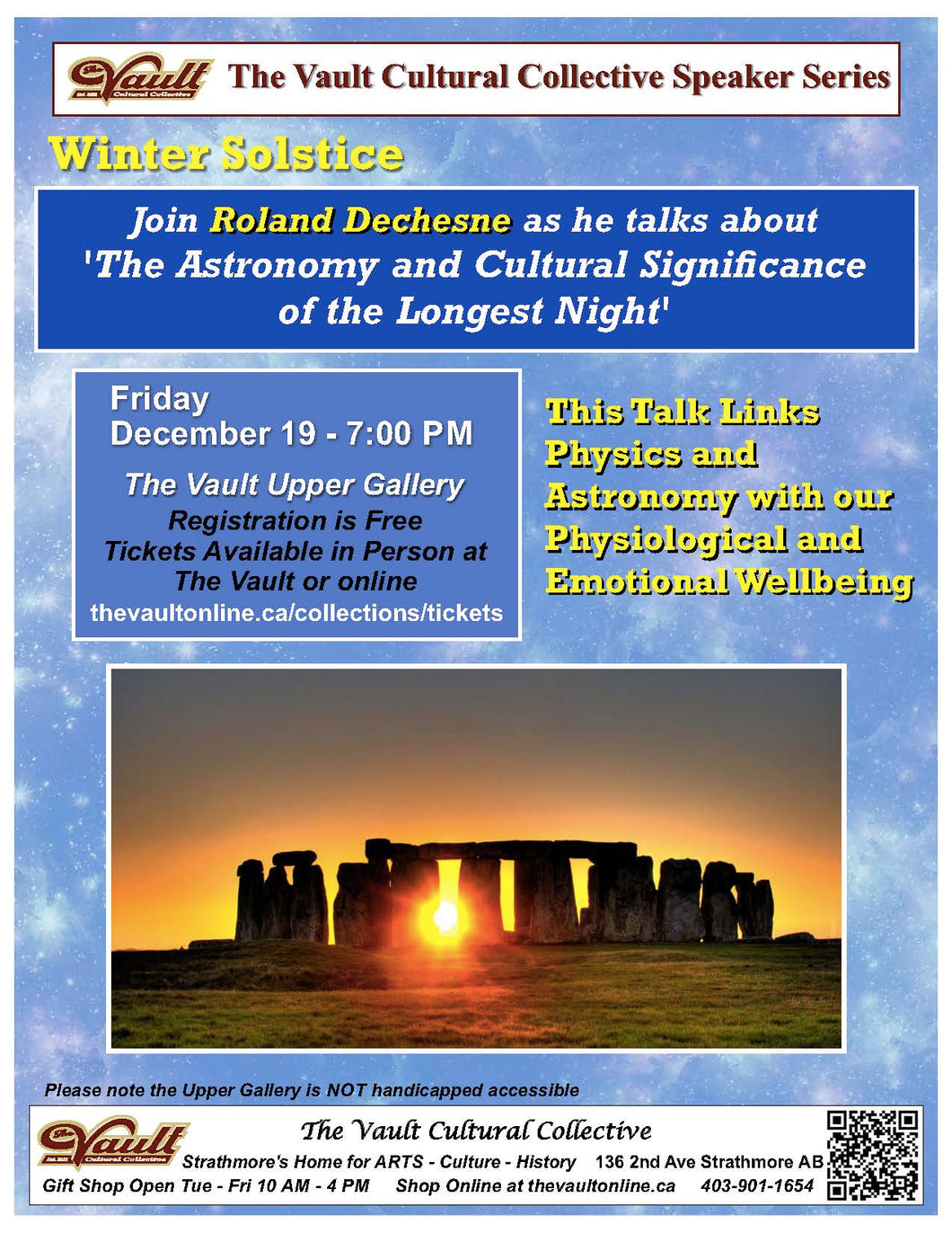 Winter Solstice Fri Dec 19th 7pm Upper Level of The Vault - Speaker Series - Online Orders  Check in at Door